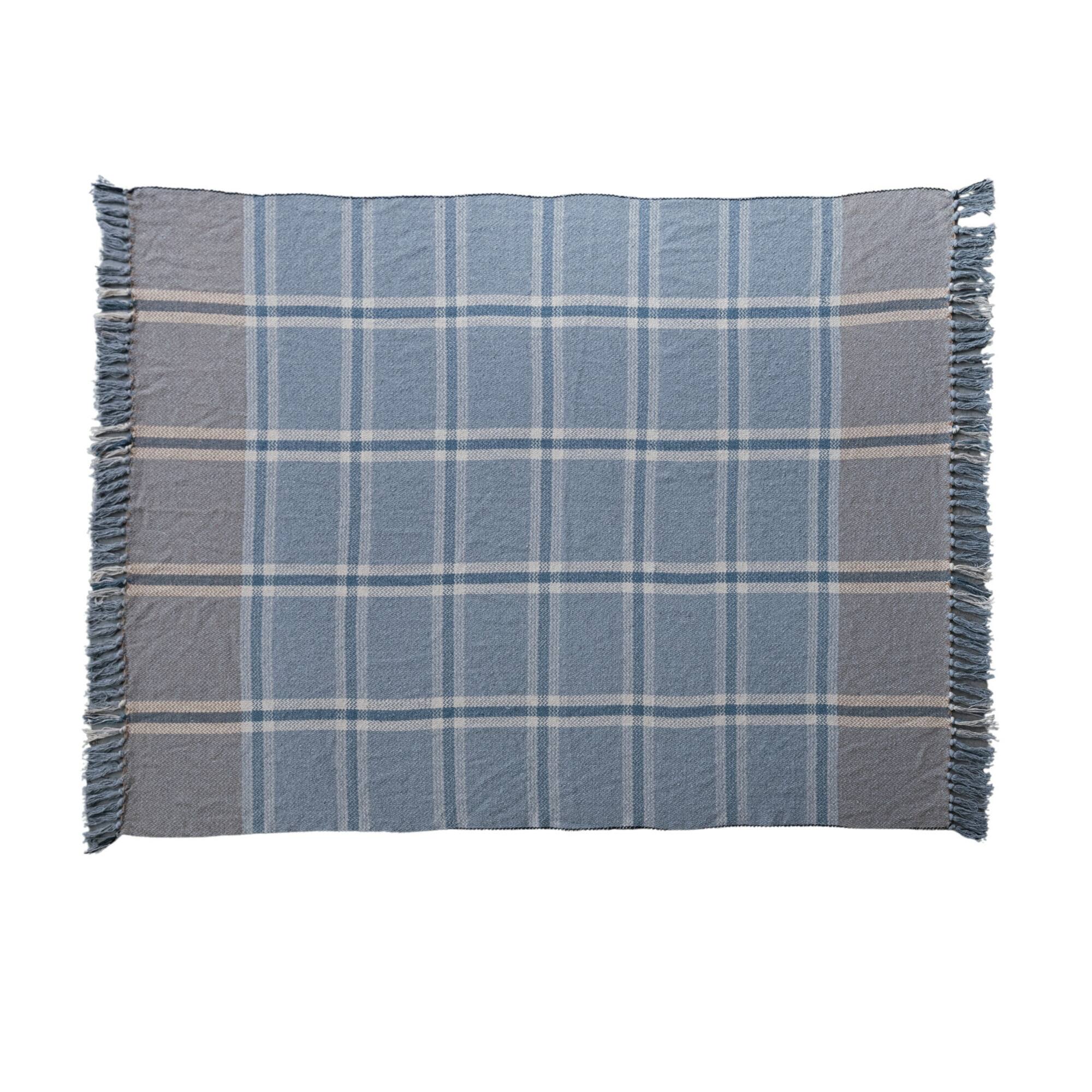 Hello Honey® Blue Plaid Cotton Blend Throw with Fringe